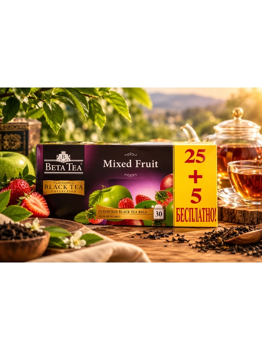 BETA TEA Mixed Fruit — mevali miks ta’mli xushbo‘ylashtirilgan qora choy, 25+5 ta paket