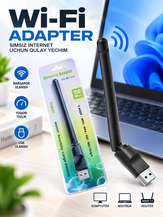 USB WiFi adapter antenna bilan, yuqori tezlik, kuchli signal