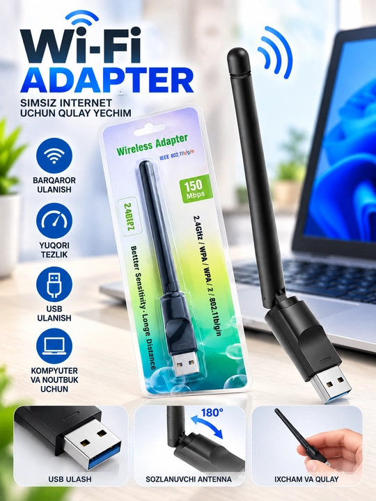 USB WiFi adapter antenna bilan, yuqori tezlik, kuchli signal