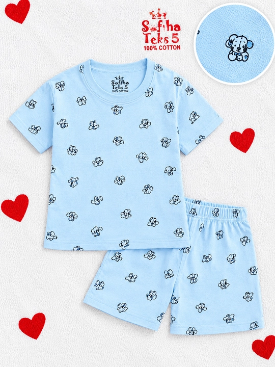 3-4 yoshli bolalar uchun paxtali pijama, itlar tasvirlangan ko‘k futbolka va shortik