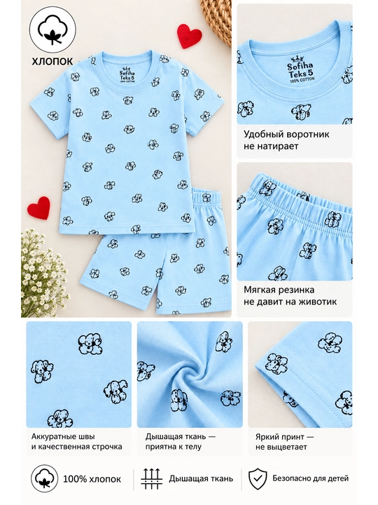 3-4 yoshli bolalar uchun paxtali pijama, itlar tasvirlangan ko‘k futbolka va shortik