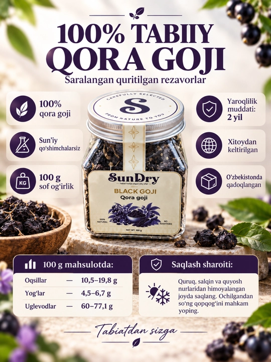 Qora goji, quritilgan qora goji mevasi, 100% tabiiy, 100 g