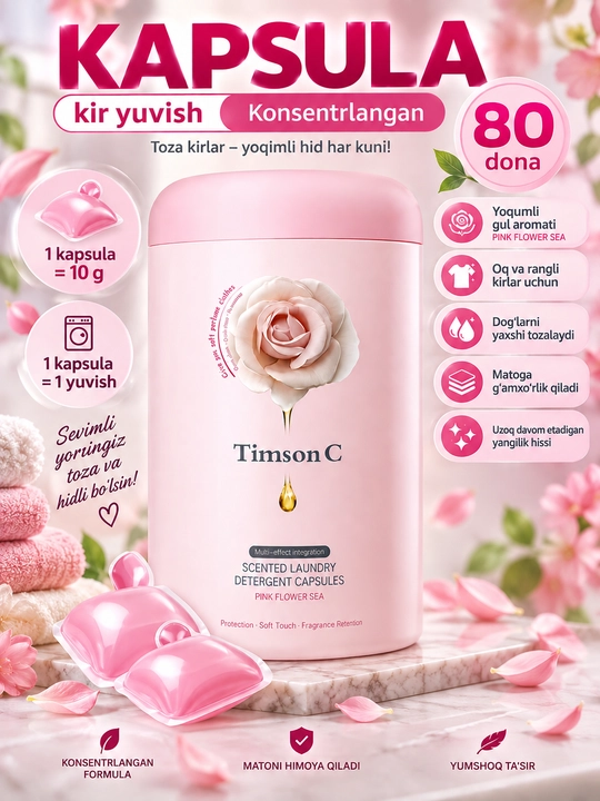Капсулы Timson C Pink Flower Sea для стирки белья, 80 шт по 10 г, аромат цветов и свежесть - 