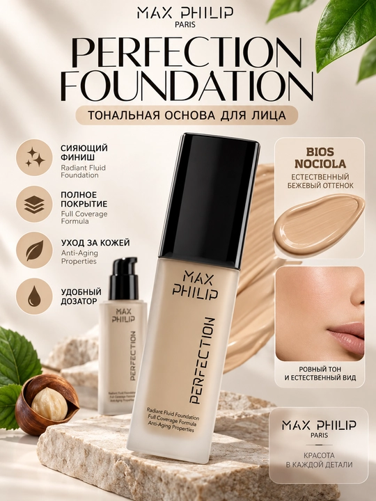 Max Philip Perfection Foundation крем-основа Bios Nociola, флюид полного покрытия для лица - 