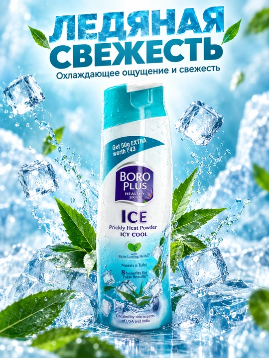Охлаждающая и освежающая пудра для тела Boro Plus Ice, с экстрактами нима и тулси - 