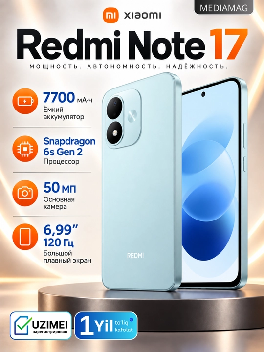 Smartfon Redmi Note 17 NFC, AMOLED 120 Gts, 7700 mAs, 45W Turbo, 50 MP, NFC - 