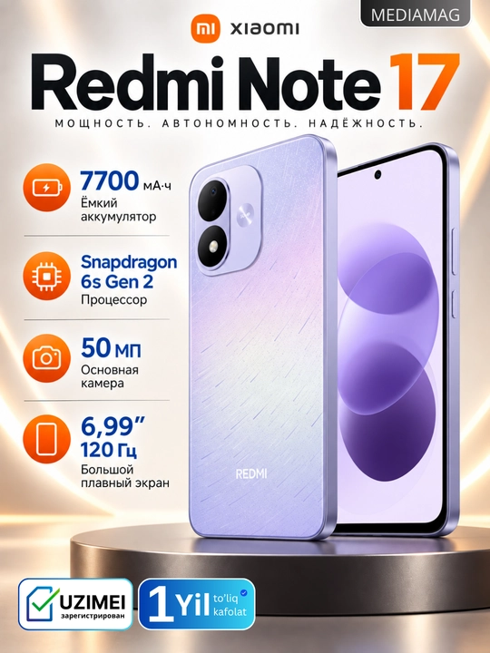Smartfon Redmi Note 17 NFC, AMOLED 120 Gts, 7700 mAs, 45W Turbo, 50 MP, NFC - 