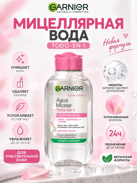 Garnier мицеллярная вода Todo en 1 для чувствительной кожи, очищение и снятие макияжа лица - 