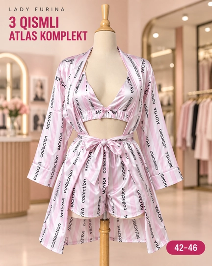 Ayollar uchun 3 qismli atlas penyuar komplekti: xalat, top va shortik, 42–46 - 