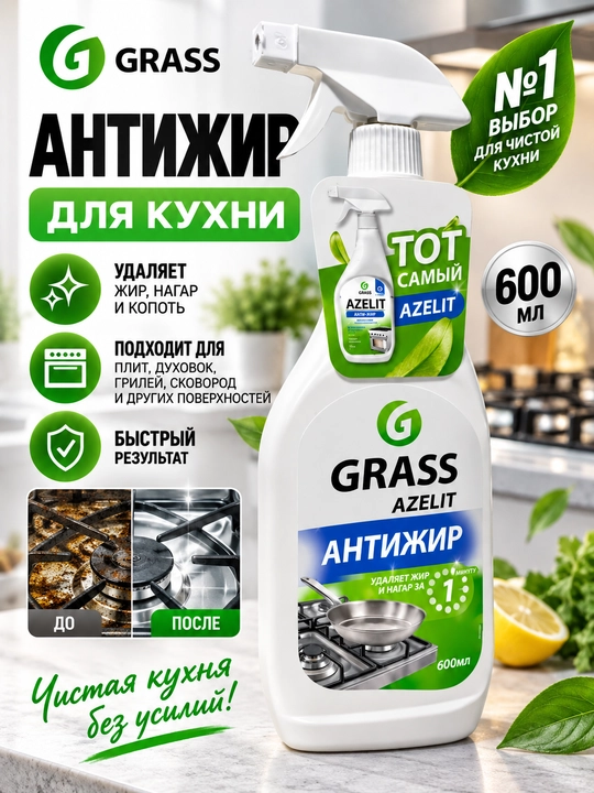 GRASS Azelit Антижир для кухни, спрей от жира, нагара и копоти, для плит и грилей, 600 мл - 