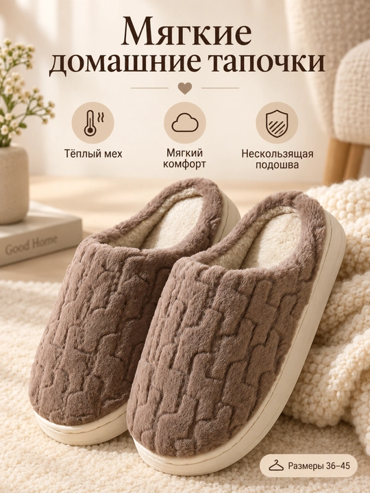 Тапочки женские, домашние, тёплые, мягкие, плюшевые, меховые, нескользящая подошва, 36–45 - 
