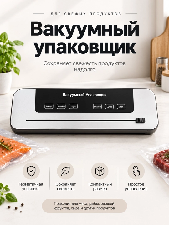 Вакуумный упаковщик для продуктов, вакууматор + 50 пакетов 20×25 см