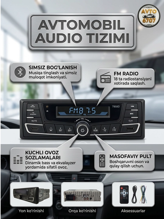 Автомагнитола O'zbek Pioner 7858D, Bluetooth, USB, AUX, 7 цветов LED