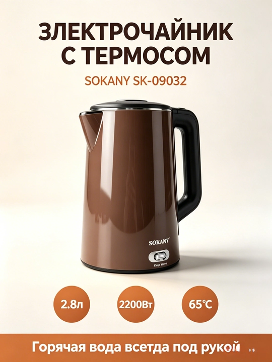 Электрочайник SOKANY SK-09032, 2,8л, 2200Вт, подогрев 65°C, сталь 304, двойные стенки - 