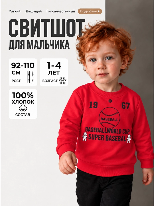 Bolalar svitshoti 1–4 yosh, qizlar va o‘g‘il bolalar uchun, 100% paxta