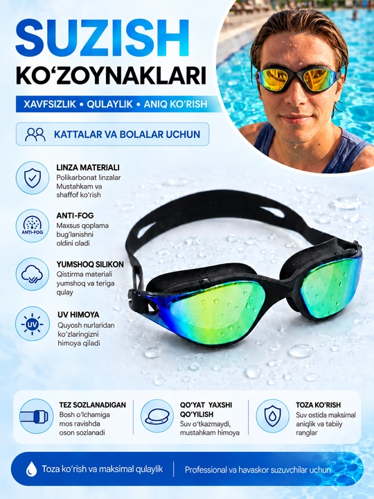 Suzish ko‘zoynagi yangi model, keng ko‘rish maydoni, Anti-Fog, UV himoya - 