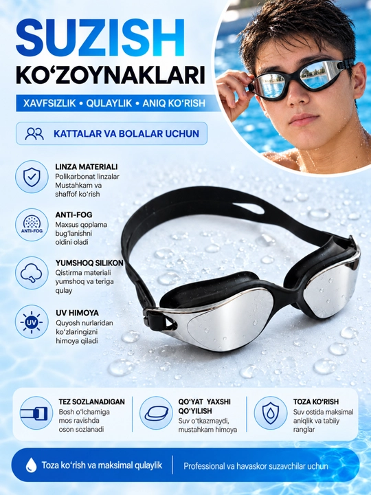 Suzish ko‘zoynagi yangi model, keng ko‘rish maydoni, Anti-Fog, UV himoya - 