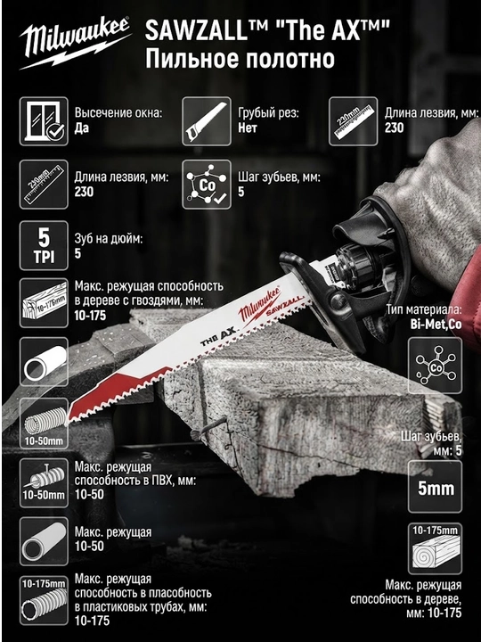 Полотно демонтажное Milwaukee Heavy Duty AX 230 x 5 мм/ шаг зуба 5 мм - 