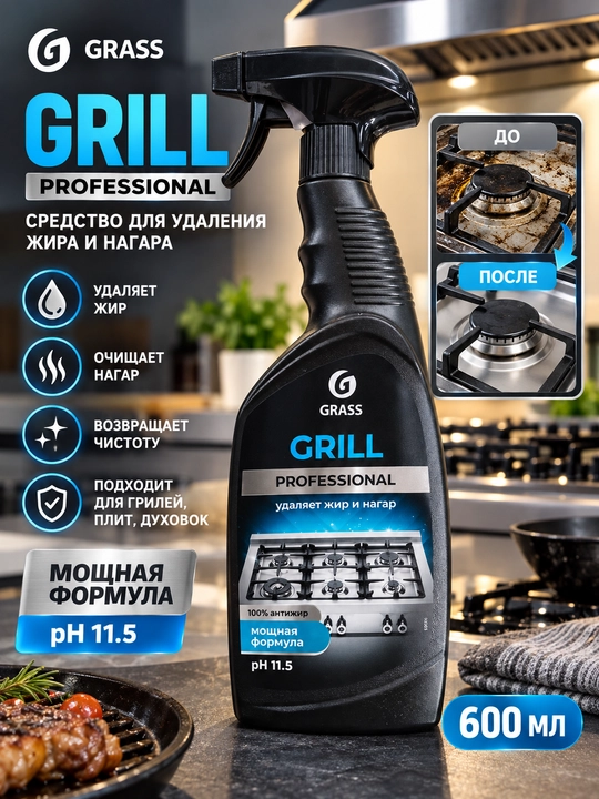 GRASS Grill Professional средство от жира и нагара для грилей, плит, духовок, 600 мл спрей - 