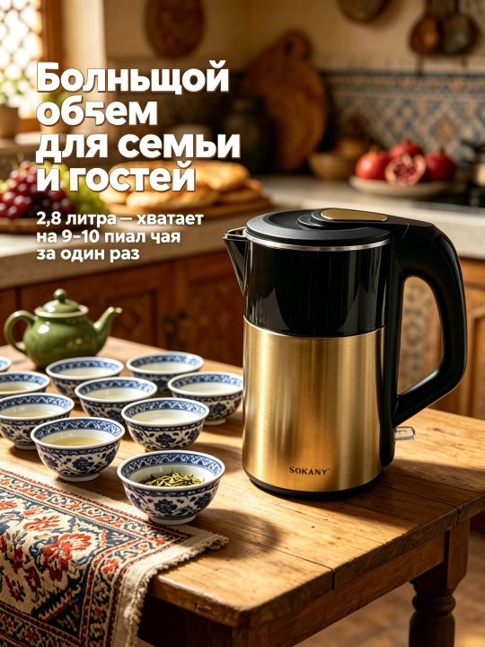 Elektr choynak SOKANY SK-09031, 2,8 L, 2200 Vt, 304 zanglamaydigan po'lat, ikki devorli