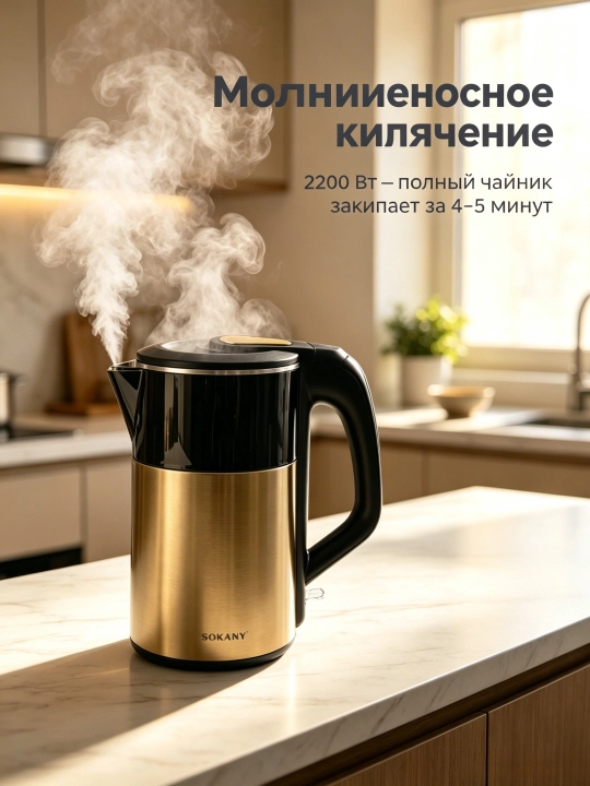 Elektr choynak SOKANY SK-09031, 2,8 L, 2200 Vt, 304 zanglamaydigan po'lat, ikki devorli