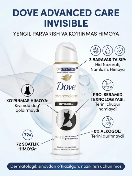 Ayollar dezodoranti-sprey, terlash va hidga qarshi, 72 soat himoya, 150 ml - 