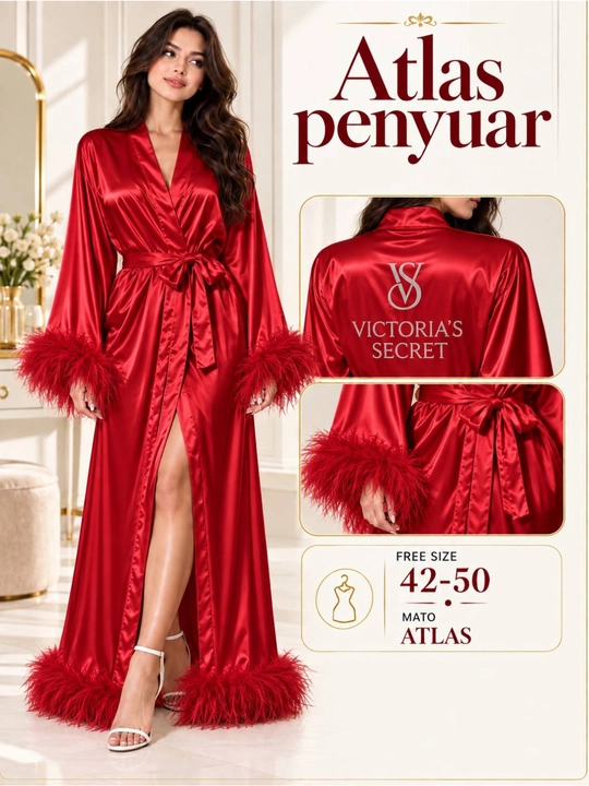 Ayollar uzun atlas xalati, patli, belbog‘li, ipakli uy xalati, 42-50 - 