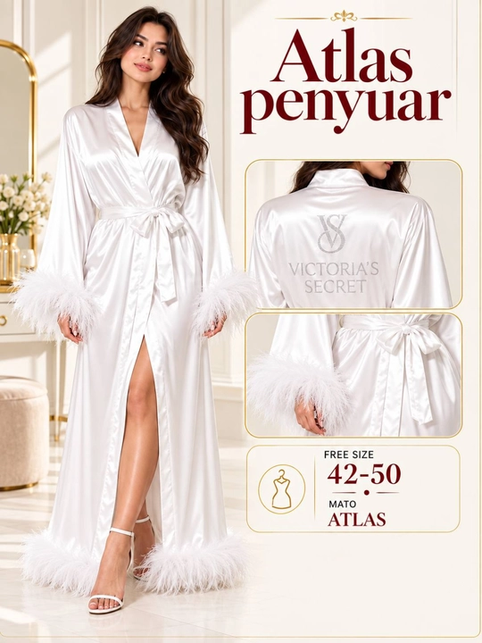 Ayollar uzun atlas xalati, patli, belbog‘li, ipakli uy xalati, 42-50 - 