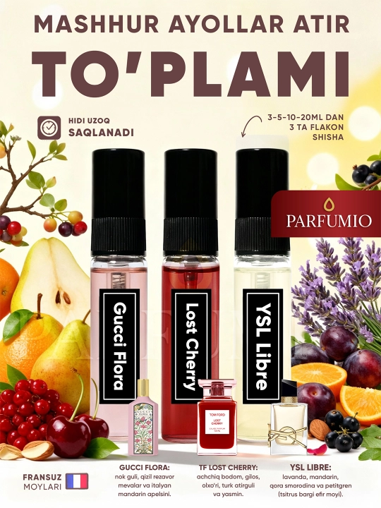 Ayollar atirlari, to‘plam, 3tasi1, Gucci Flora Gardenia, Libre, Lost Cherry, ayollar atirlari - 