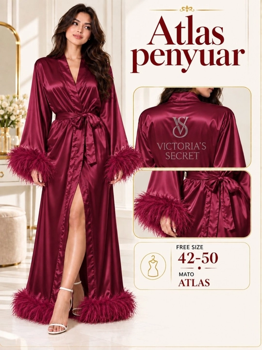 Ayollar uzun atlas xalati, patli, belbog‘li, ipakli uy xalati, 42-50 - 