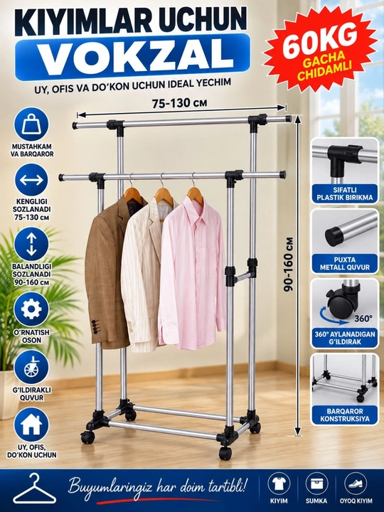 Kiyim ilgich, kiyim stoykasi, kiyim rack, g‘ildirakli stoyka, garderob javoni - 