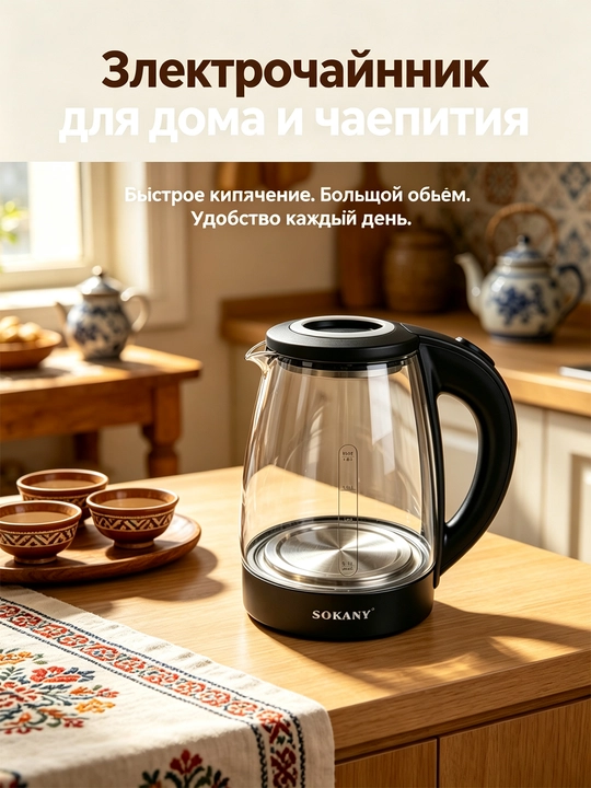 Elektr choynak SK-09067, 1,8 l, shisha, 1500 Vt, LED yoritgich, quruq qaynashdan himoya