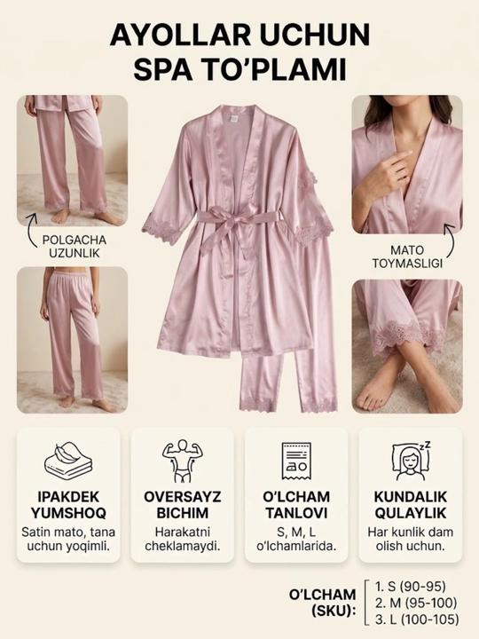 Ayollar va qizlar uchun atlasviy pijama to'plami (xalat va shim)