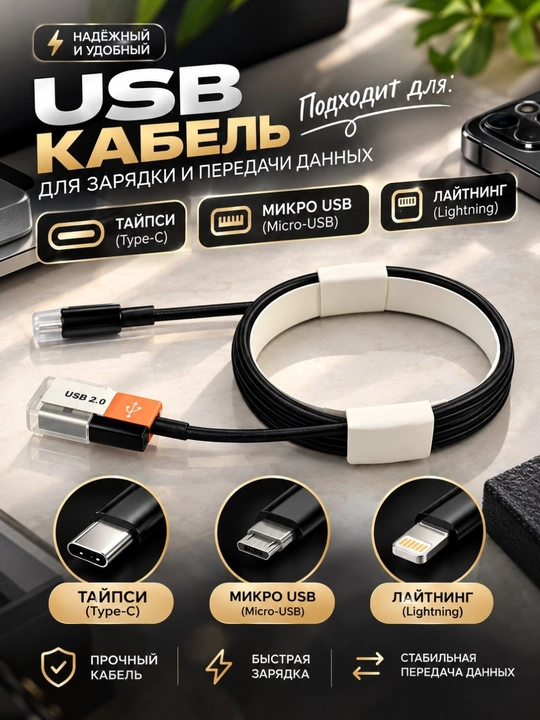 Кабель быстрой зарядки USB micro / Type-C / Lightning - 