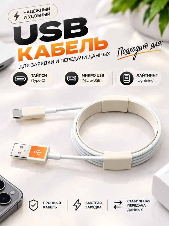 Кабель быстрой зарядки USB micro / Type-C / Lightning - 