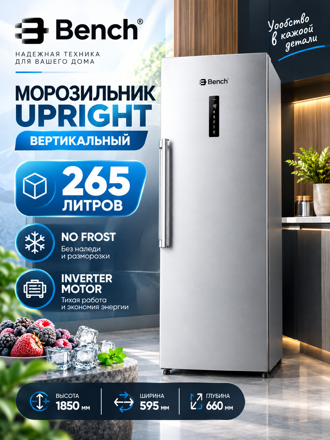 Морозильник вертикальный Bench Upright 206/265 л, No Frost, инвертор, серебристый