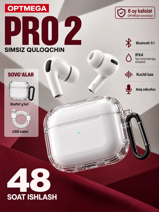 Simsiz quloqchinlar Pro 2 Premium, iPhone va Android uchun sensorli naushnik - 