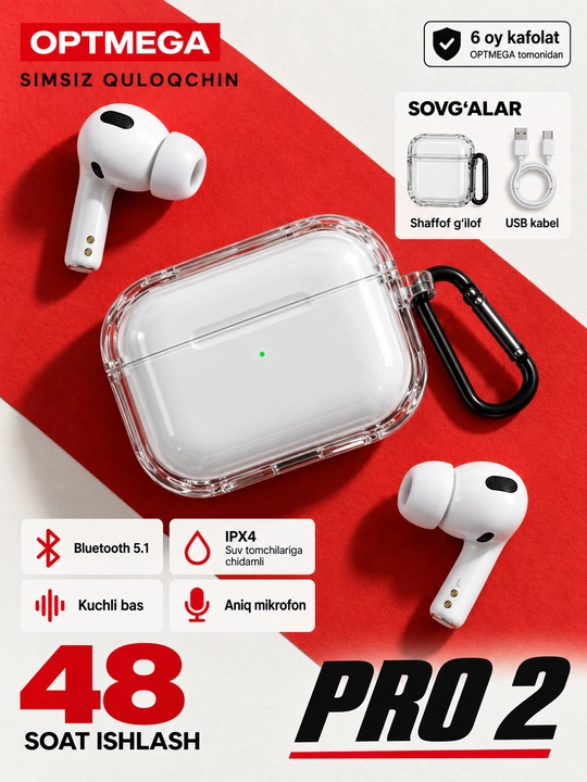 Simsiz quloqchinlar Pro 2 Premium, iPhone va Android uchun sensorli naushnik