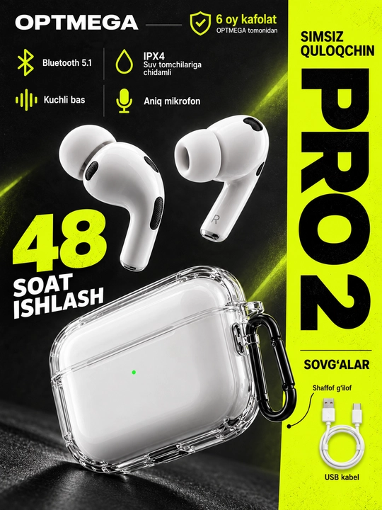 Simsiz quloqchinlar Pro 2 Premium, iPhone va Android uchun sensorli naushnik - 