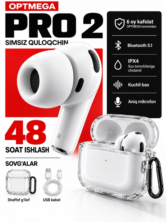 Simsiz quloqchinlar Pro 2 Premium, iPhone va Android uchun sensorli naushnik - 