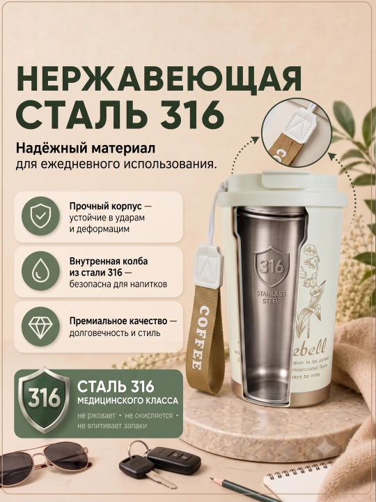 Термокружка для кофе и чая из нержавеющей стали 316, с краном, 500 мл