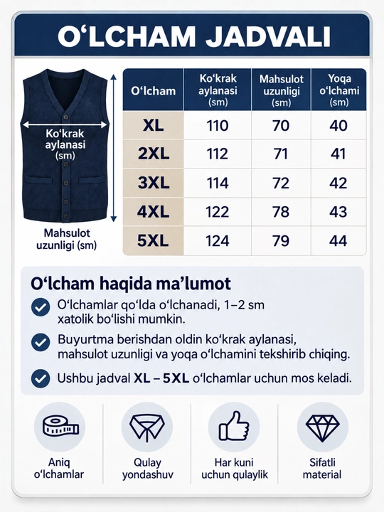 Erkaklar trikotaj nimchasi, tugmali yengsiz, bahor-kuz, XL-5XL