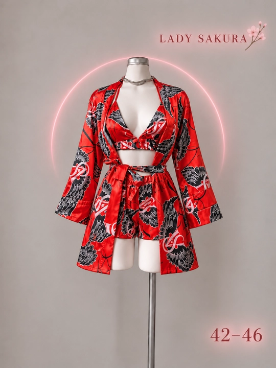 LADY SAKURA ayollar uchun 3 qismli atlas komplekt: xalat, top va shortik, 42–46 - 
