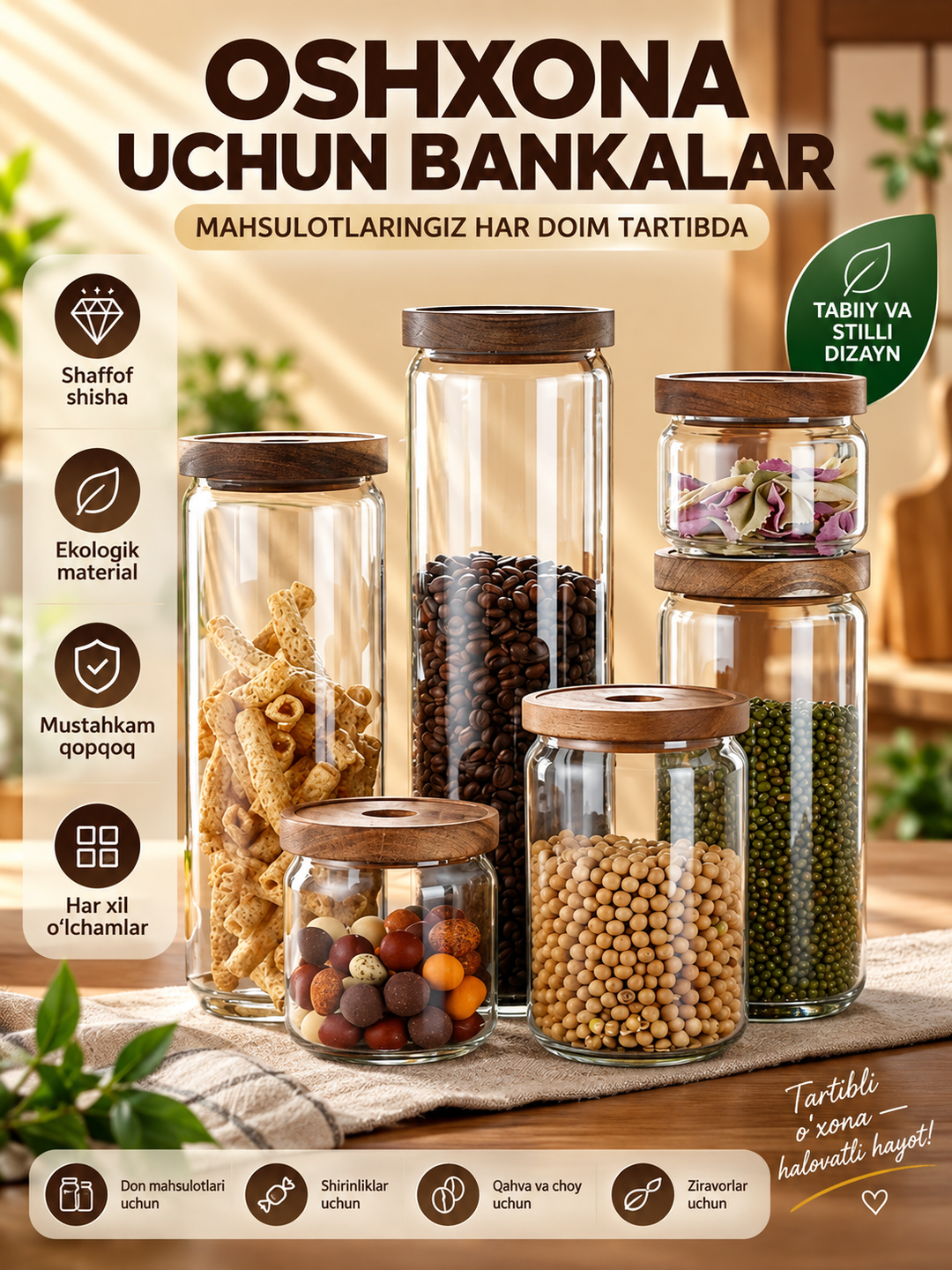 Konteyner, don va boshqa sochiluvchi maxsulotlar uchun yog'och qopqoqli shisha idish - 
