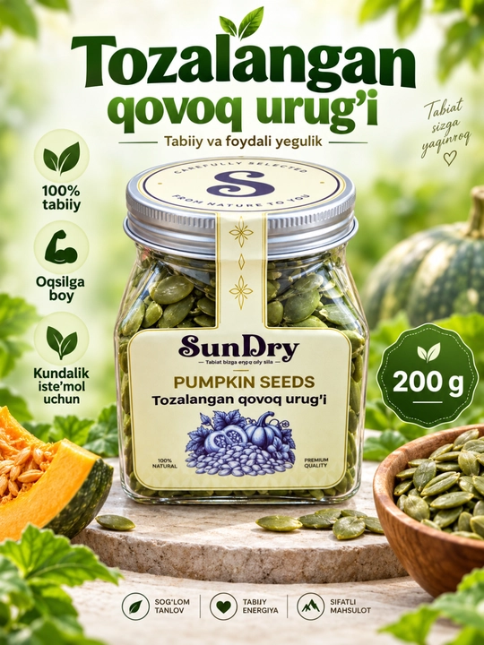 Tozalangan qovoq urug‘i, qovoq mag‘zi, 100% tabiiy, 200 g - 