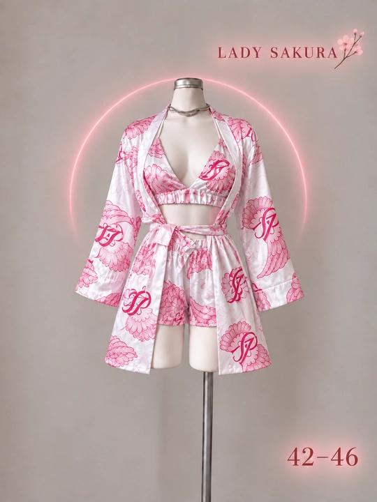 LADY SAKURA ayollar uchun 3 qismli atlas komplekt: xalat, top va shortik, 42–46 - 