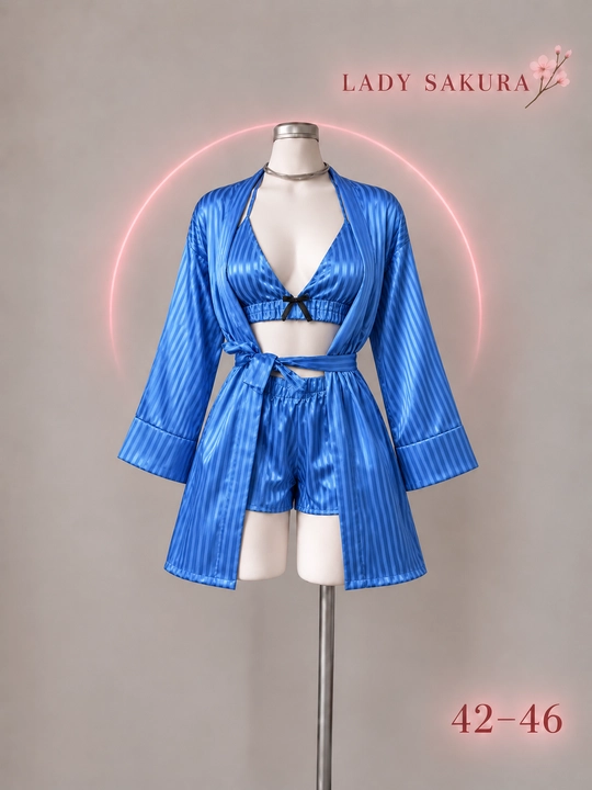 LADY SAKURA ayollar uchun 3 qismli atlas komplekt: xalat, top va shortik, 42–46 - 