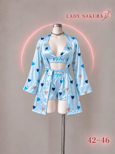 LADY SAKURA ayollar uchun 3 qismli atlas komplekt: xalat, top va shortik, 42–46 - 