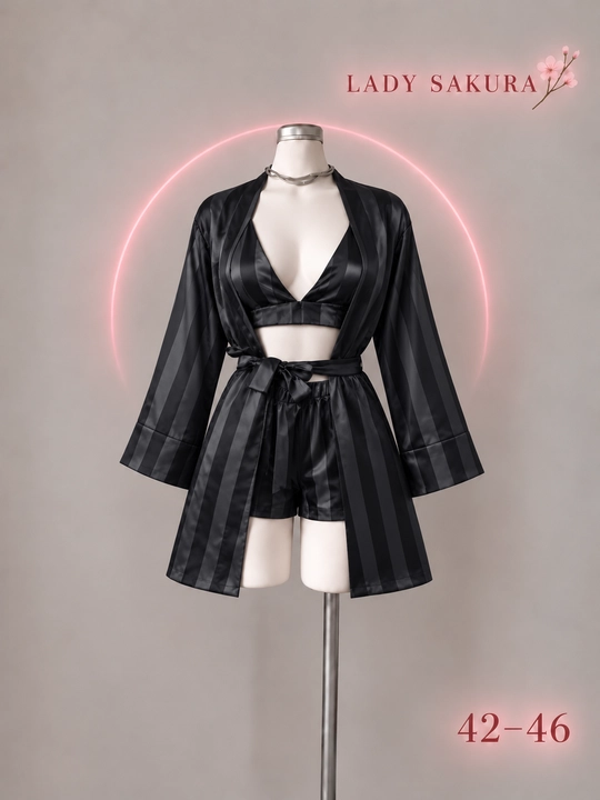 LADY SAKURA ayollar uchun 3 qismli atlas komplekt: xalat, top va shortik, 42–46 - 