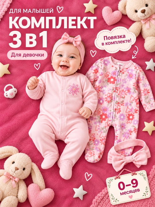 O‘g‘il va qiz bolalar uchun 2 ta uzun kombinezon va shapka - 